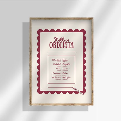 Närbild på ordlistposter med barns ord i handritad stil