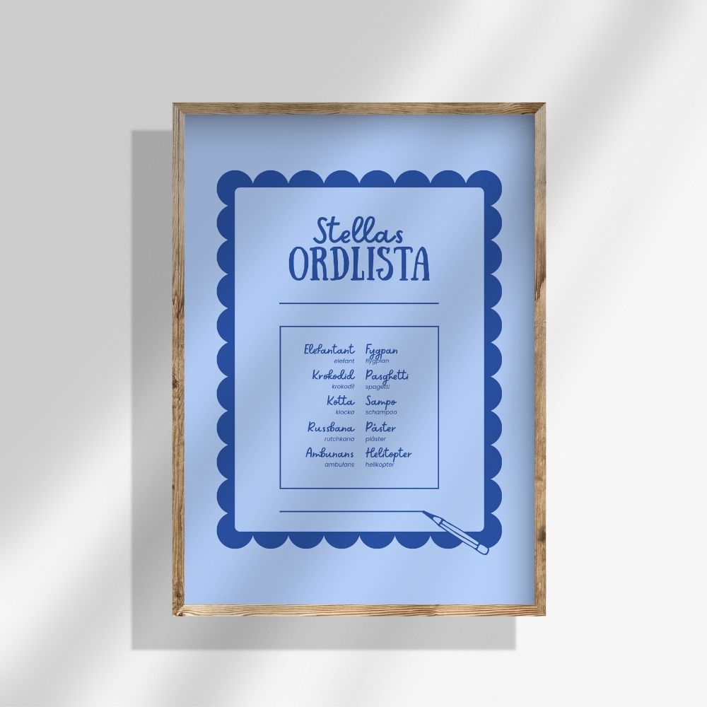 Personlig ordlistposter i ljusblått, barnens ord i centrum