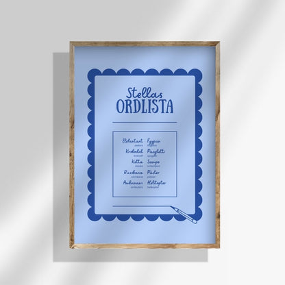 Personlig ordlistposter i ljusblått, barnens ord i centrum