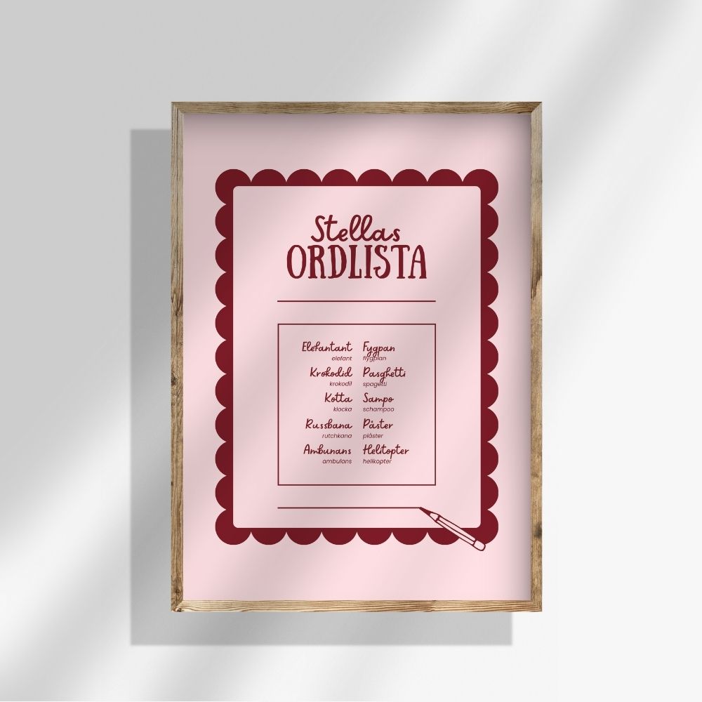 Ordlistposter i rosa design som passar perefekt i ett barnrum som i vardagsrummet