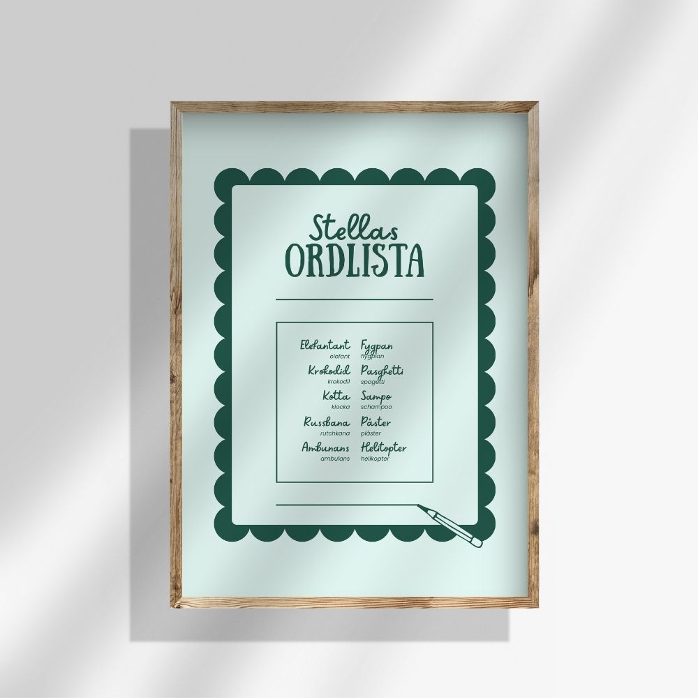 Ordlistposter i lekfull stil hängande på ljus vägg