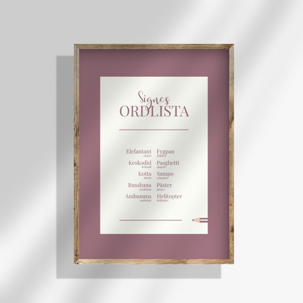 Personlig ordlistsposter med mörkrosa ram och vit mittdel, 10 ord. Barnets omfattande ordsamling med förklaringar och korrekt ord vid felsägningar.