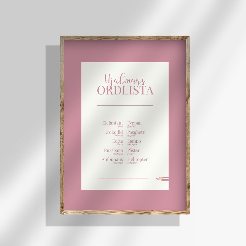 Personlig ordlistsposter med rosa kant och vit mitt, 10 ord. Ditt barns utökade ordlista med definitioner och facit till varje felsägning på vit bakgrund.