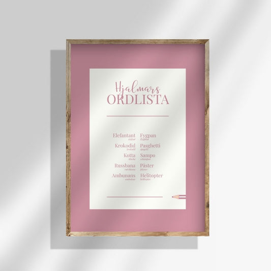 Personlig ordlistsposter med rosa kant och vit mitt, 10 ord. Ditt barns utökade ordlista med definitioner och facit till varje felsägning på vit bakgrund.