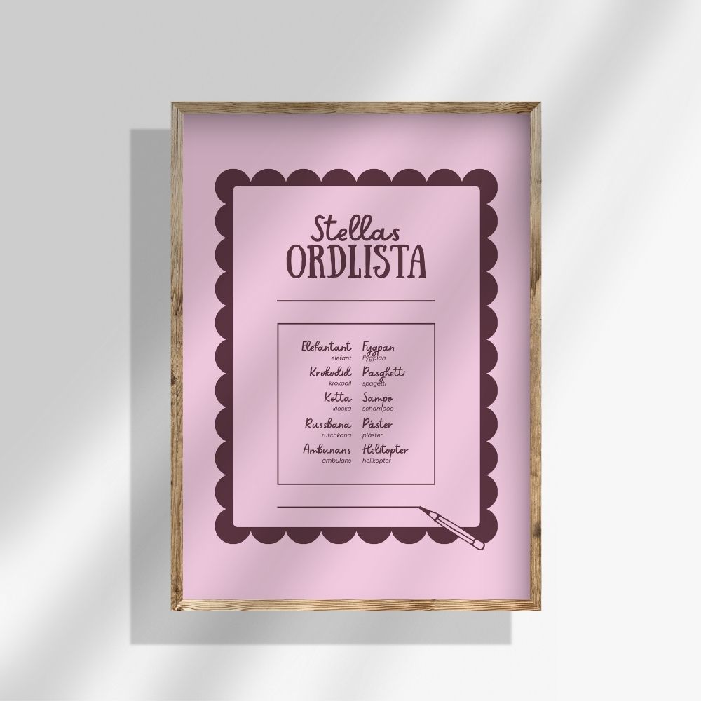 Ordlistposter i rosa/röd design hängandes på en vit vägg