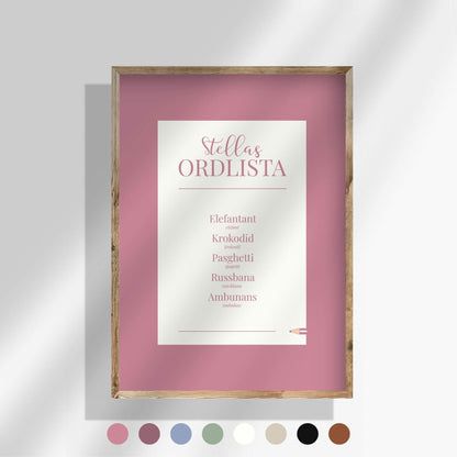 personlig ordlistposter med rosa ram – personlig poster som bevarar barns uttryck i en mjuk och lekfull ton 