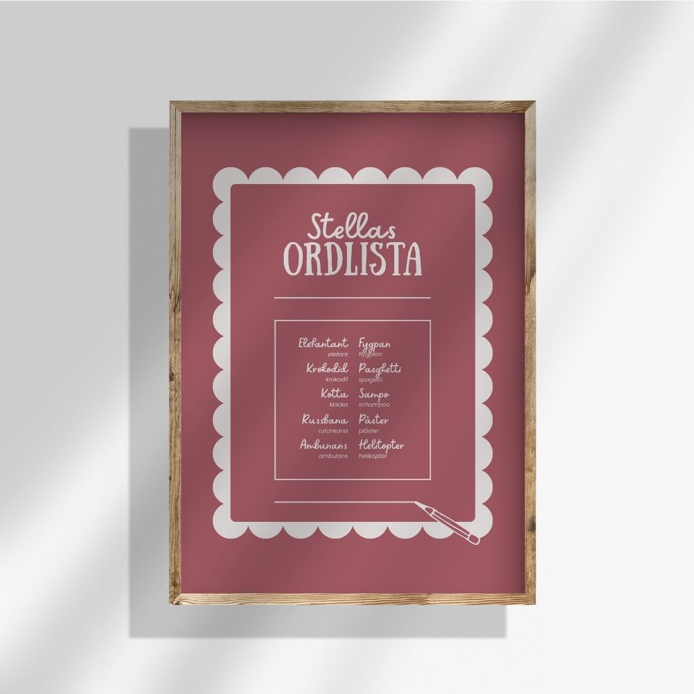 Lekfull ordlistposter i vinrött, i ram på vägg